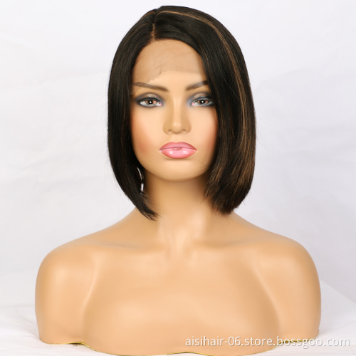 Aisi Hair Cheap Vendors  Black Mixed Brown Bob Short Highlight Low Price Brazilian Straight Lace Wig 100% Human Hair